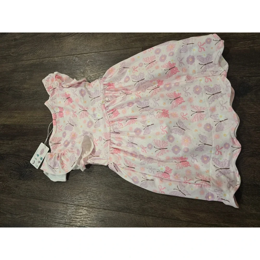 Pete + Lucy Girls Pink Butterfly Floral Flutter Sleeve Scalloped Hem Dress 3T